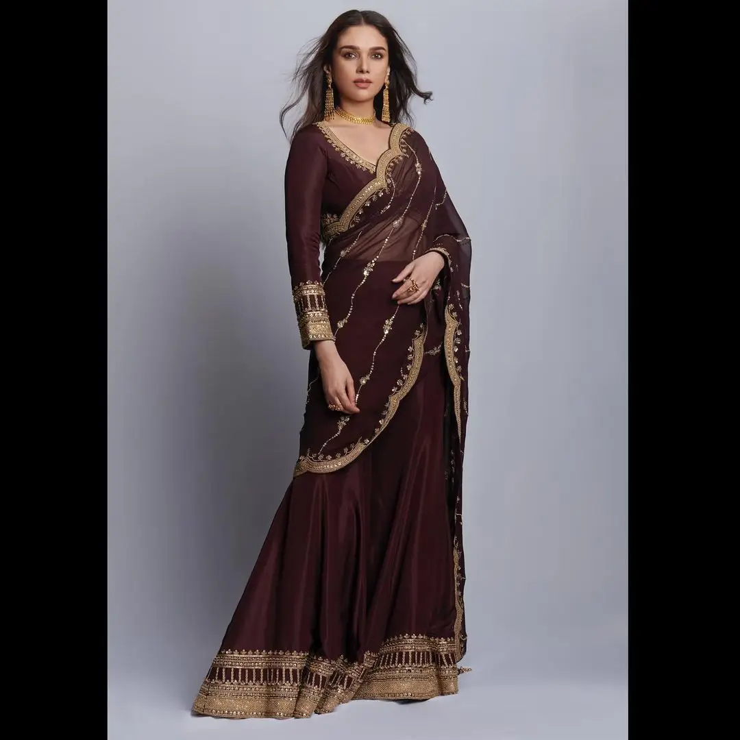 Bollywood Actress Aditi Rao Hydari In Maroon Lehenga Choli